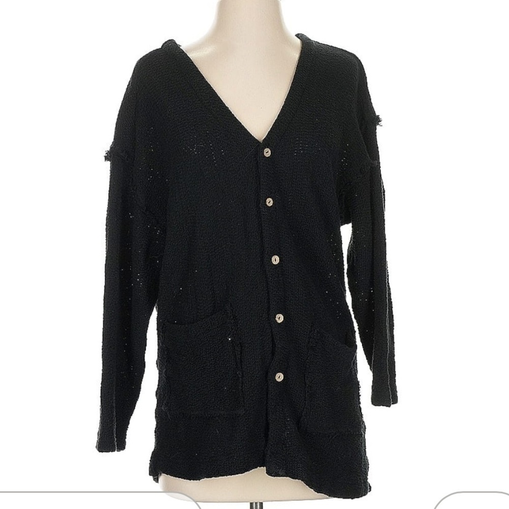 Free People Beach Black Knit Raw Hems Button Open Slit Back Cardigan Sweater XS